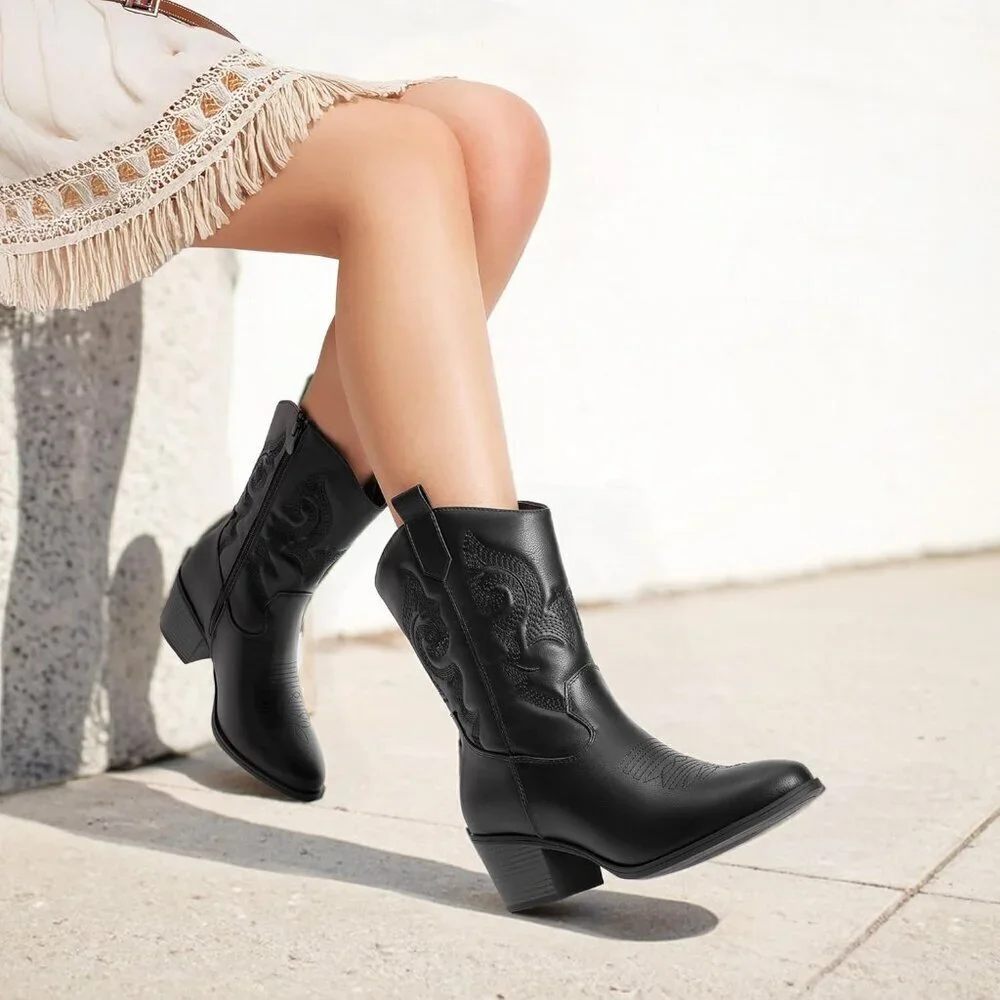 🆕Women All Black Suede leather Embroidered Country Heel Pointed Toe Boot